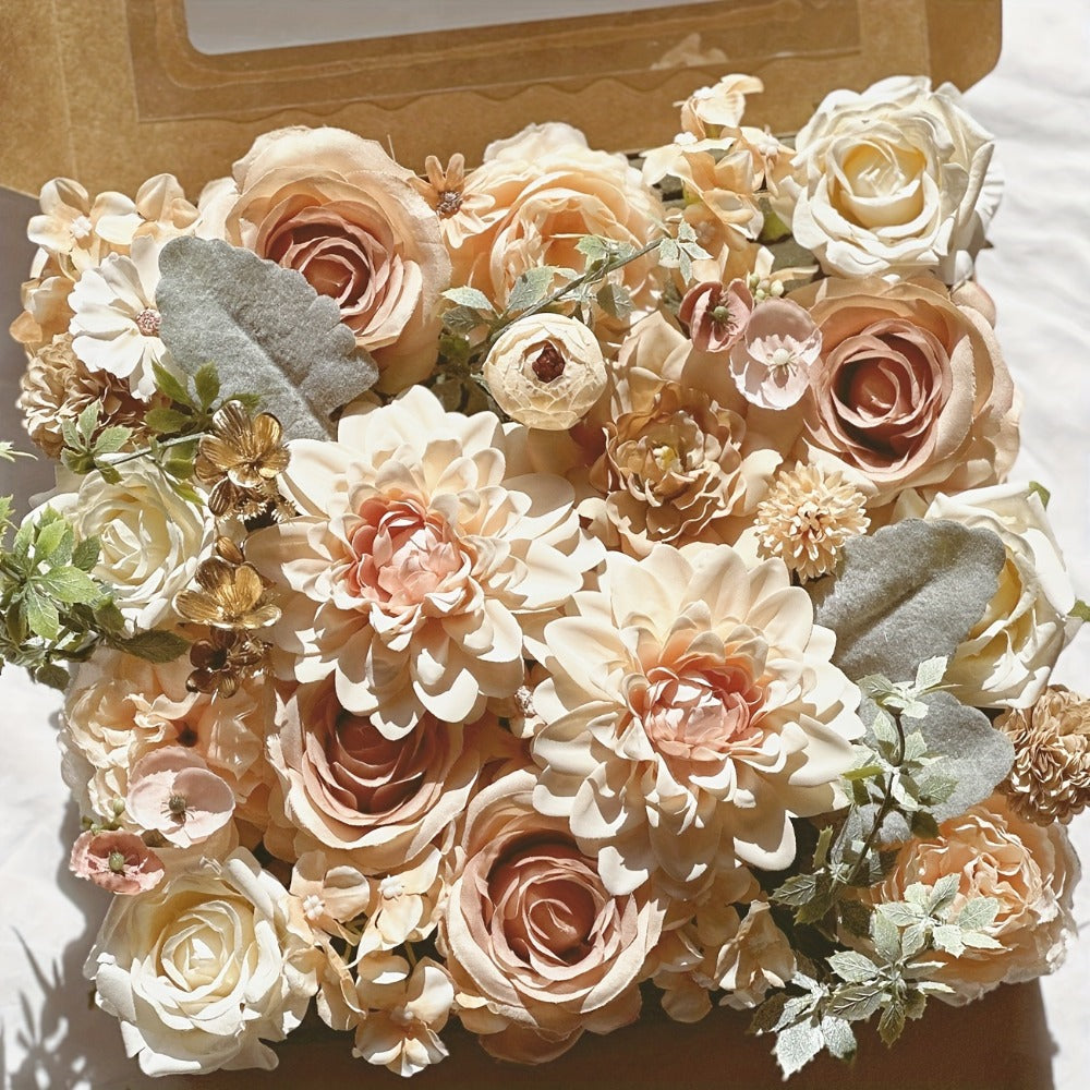 Artificial Flower Combination Box Set with Stems – Champagne Silk Flowers for DIY Wedding Bouquet, Baby Shower, Valentine's Day & Home Decor