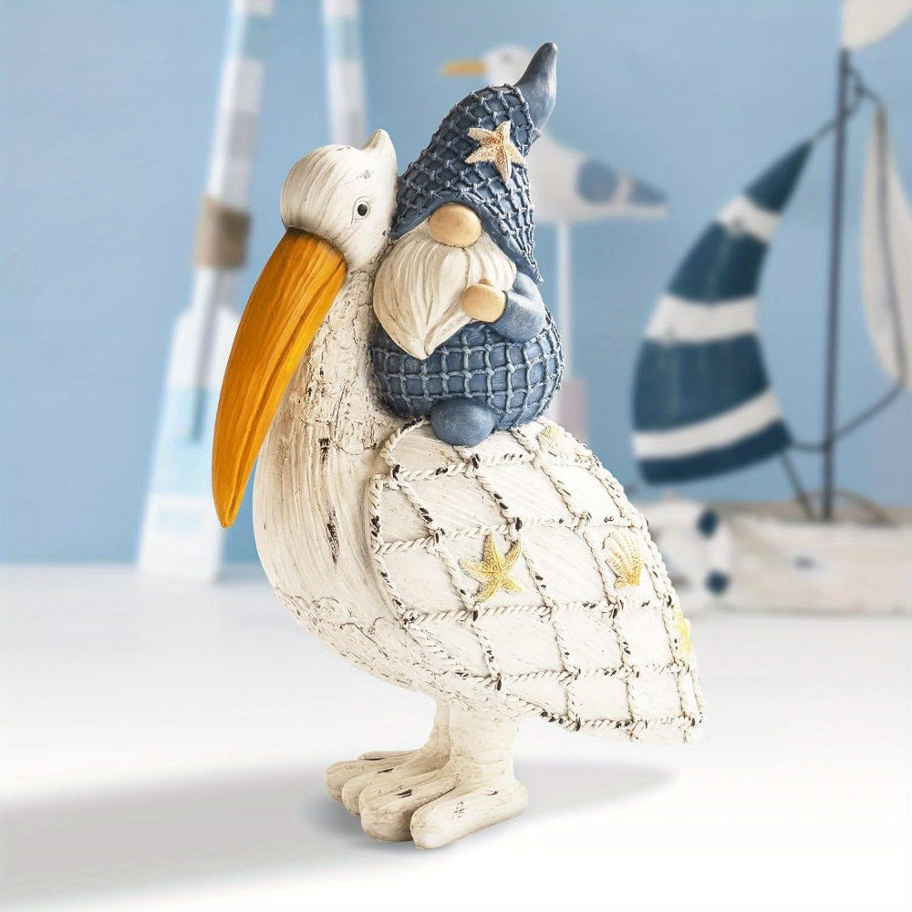 Pelican Gnome Figurine 11.5" – Resin Coastal Beach Decor with Starfish & Seashell, Tabletop Statue for Home, Garden & Poolside – Summer Gift & Nautical Decor