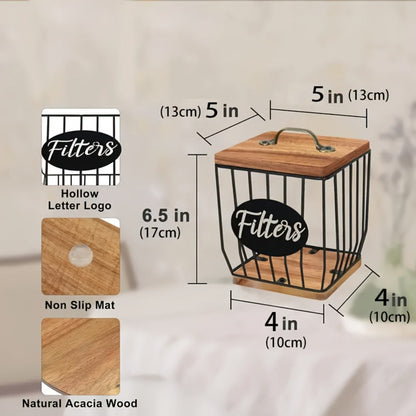 Square Metal Coffee Pod and Filter Storage Basket with Wood Lid and Base, Black Finish and Two Label Options