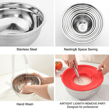 Stainless Steel Mixing Bowl Set 21-Piece with Lids and Grater Attachments, Nesting Bowls 0.7QT to 4.5QT, Rust Resistant Kitchen Bowls for Cooking Baking Serving, Complete Prep Bowl Set with Lids