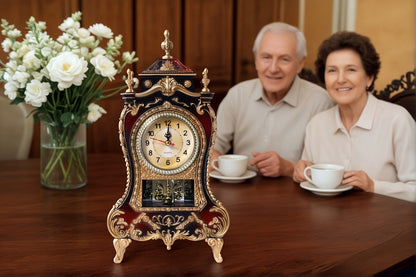 Ornate Brown-Red Tabletop Alarm Clock with Analog Dial, Decorative Pendulum Window and 14-Inch Height