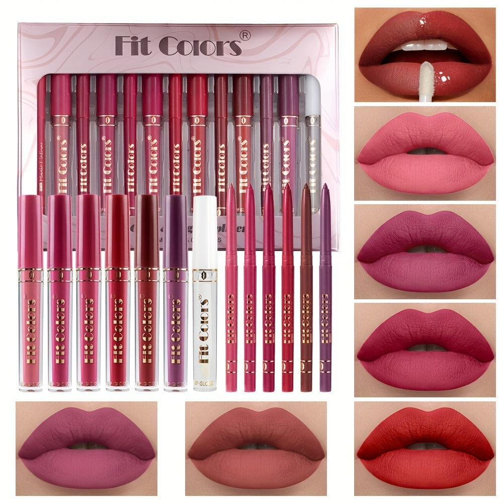 Lip Liner and Lip Gloss Kit 13 Piece Matte Non-Stick Waterproof Pigmented Long-Lasting Moisturizing Lip Glaze Combo Set for Defined Glossy Lips Women Girls