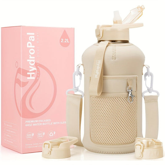 Half Gallon Water Bottle 74oz with Storage Sleeve & 2 Lids - Large Sports Water Jug for Gym, BPA-Free, Straw & Chug Lid, Time Marker, Shoulder Strap & Handle, Motivational Hydration Bottle