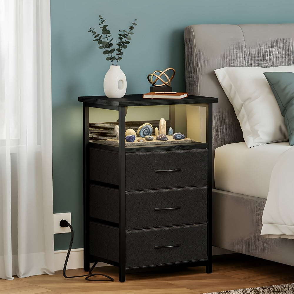 Nightstand Three Fabric Drawers with Charging Station, Open Shelf and Optional LED Configuration