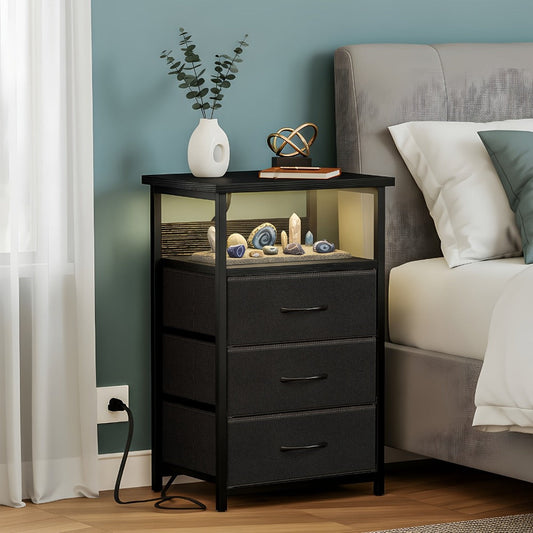 Nightstand Three Fabric Drawers with Charging Station, Open Shelf and Optional LED Configuration