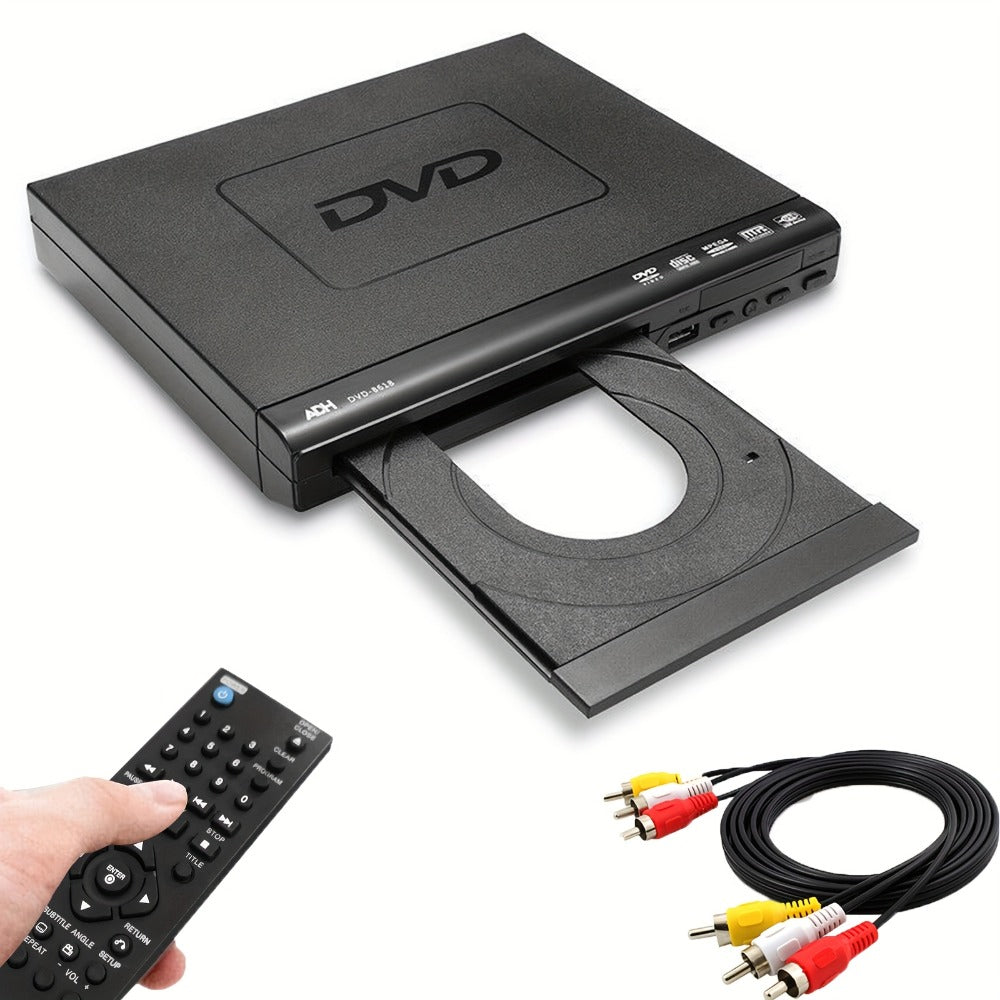 Compact Black DVD Player with USB Port, AV Output, Remote Control, RCA Cable and US Plug for Home TV