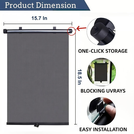 Car Window Curtains 2pcs Retractable PVC Side Window Shades One-Click Storage UV Block Anti-Glare Heat Shield Easy Install Suction Cup Hook Black Car Interior Accessory