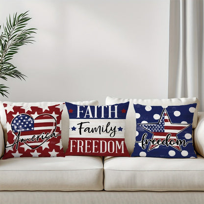 Four-Piece 18 x 18-Inch Patriotic Throw Pillow Cover Set with American Flag, Star and Typography Prints