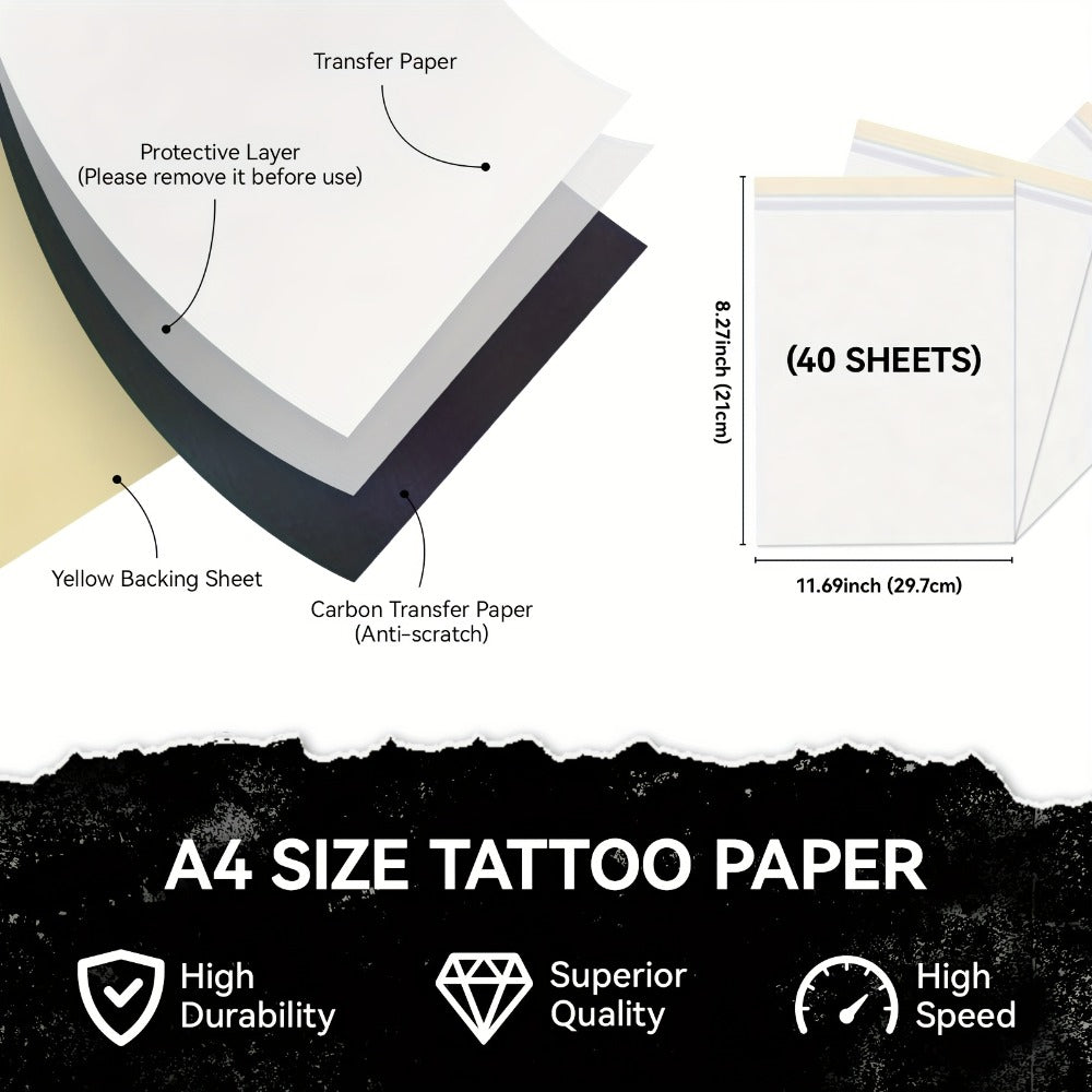 Forty-Sheet A4 Tattoo Transfer Paper Pack with Four-Layer Pictured Construction for Stencil Preparation