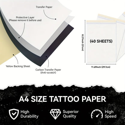 Forty-Sheet A4 Tattoo Transfer Paper Pack with Four-Layer Pictured Construction for Stencil Preparation