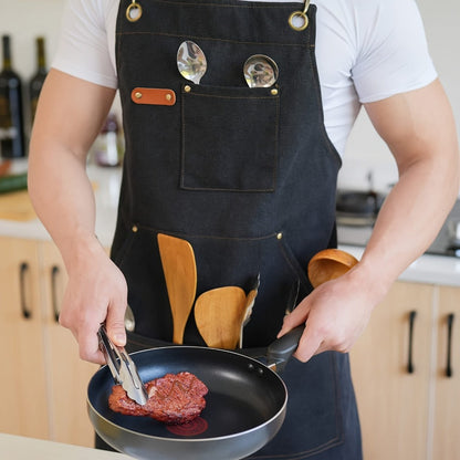 Black Crossback Canvas Work Apron, 27 x 32 Inch Bib with Three Utility Pockets and Long Straps for Kitchen or Workshop