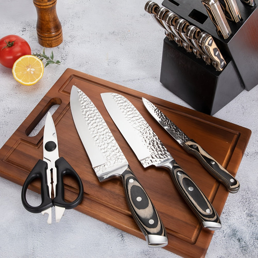 Kitchen Knife Set 15-Piece Hammered Stainless Steel with Steak Knives and Self-Sharpening Wood Block