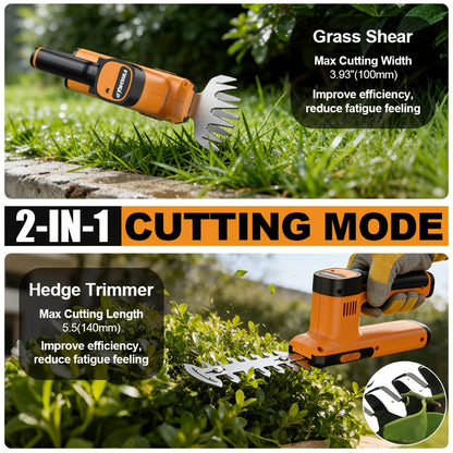 Electric Hedge Trimmer 2-in-1 Cordless with Rechargeable Lithium Battery, Brushless Motor Pruning Shears & Grass Shrub Cutter for Garden, Lawn, Yard & Branch Trimming – Gift for Men