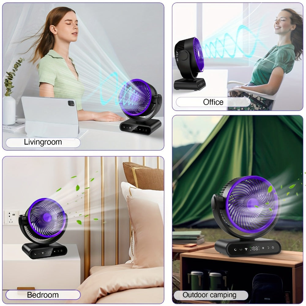 Camping Fan with LED Light Battery Powered 20000mAh 40000mAh 9-Inch 5-Speed Remote Control 90° Tilt 120° Oscillating Quiet Air Circulator for Outdoor Home