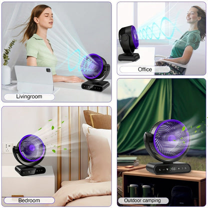 Camping Fan with LED Light Battery Powered 20000mAh 40000mAh 9-Inch 5-Speed Remote Control 90° Tilt 120° Oscillating Quiet Air Circulator for Outdoor Home