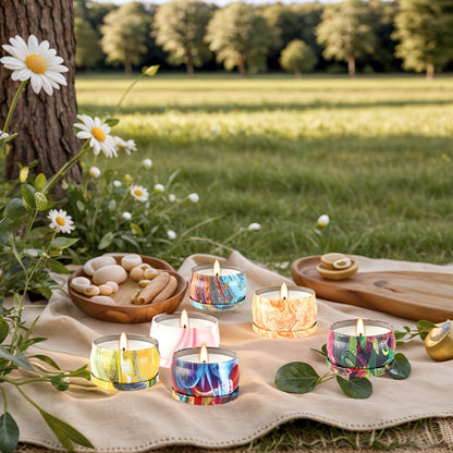 36-Piece Candle Gift Set with Lidded 2.5oz Decorative Tins in Three Coordinated Design Families