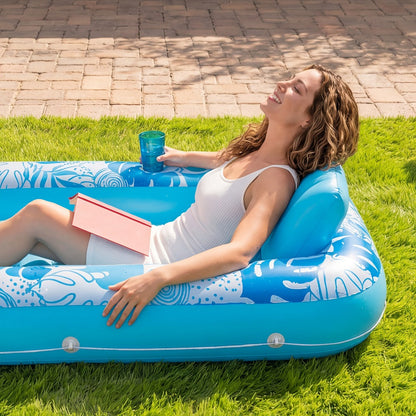 70 x 46-Inch Inflatable Pool Float Tanning Bed in Blue with Open Center, Ribbed Base and Raised Pillow