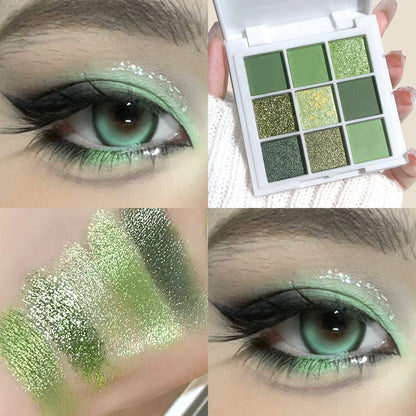 Eyeshadow Palette JUJU DREAM 9-Shade Green Compact with Avocado-Forest Color Theme and Matte-Shimmer Mix