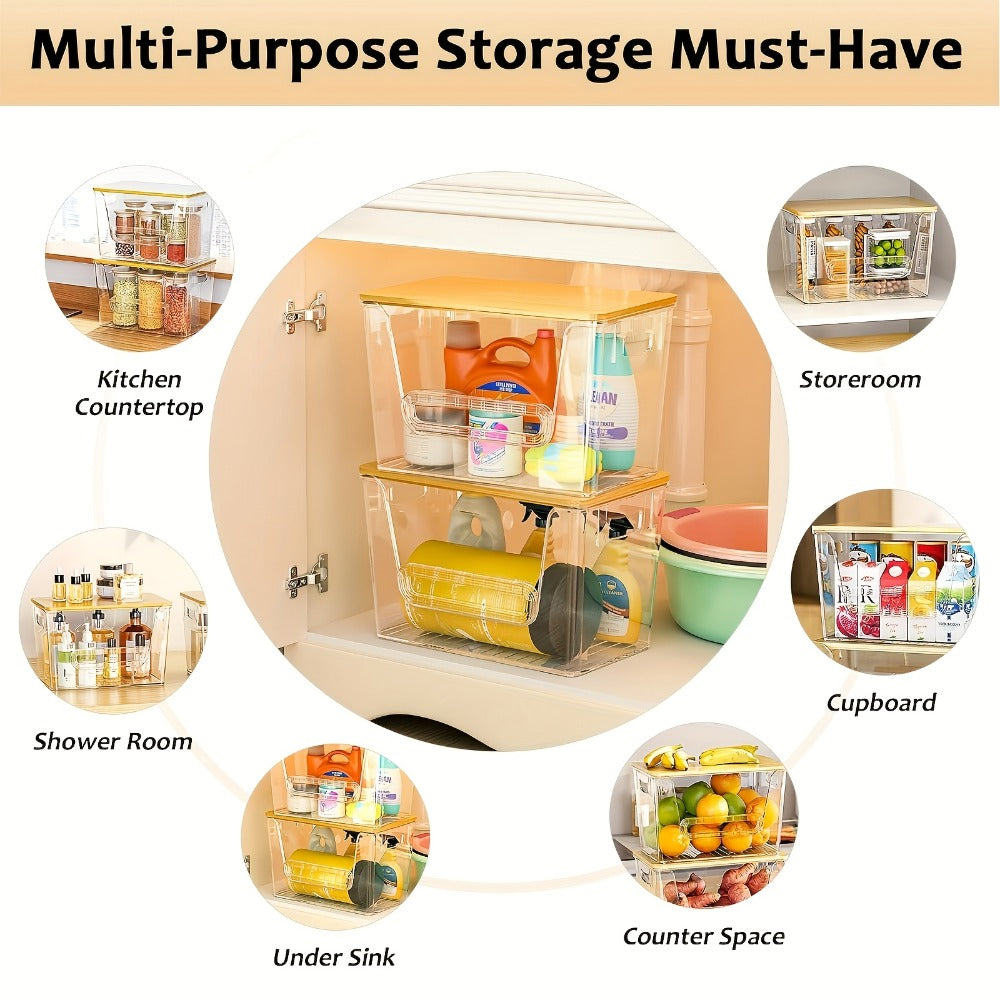 Pantry Storage Box Kitchen Organizer 2-Piece Clear Acrylic Stackable Set with Three Garbage Bag Rolls