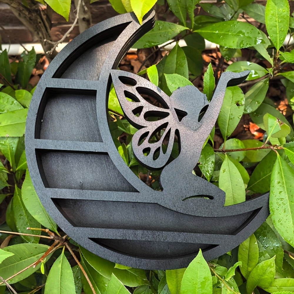 Crescent Moon Crystal Display Shelf with Fairy Silhouette, Five Tiers and Black MoonFairy Style