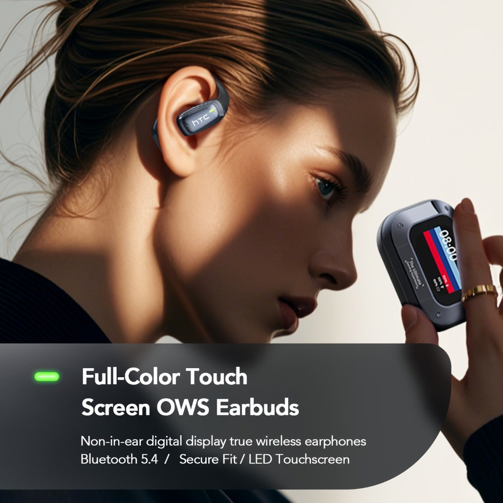 Open-Back Hi-Fi Gaming Earphones HTC NE25 AI Real-Time Translation 135 Languages LED Smart Screen Low Latency Long Battery Lightweight Wireless Headphones Black