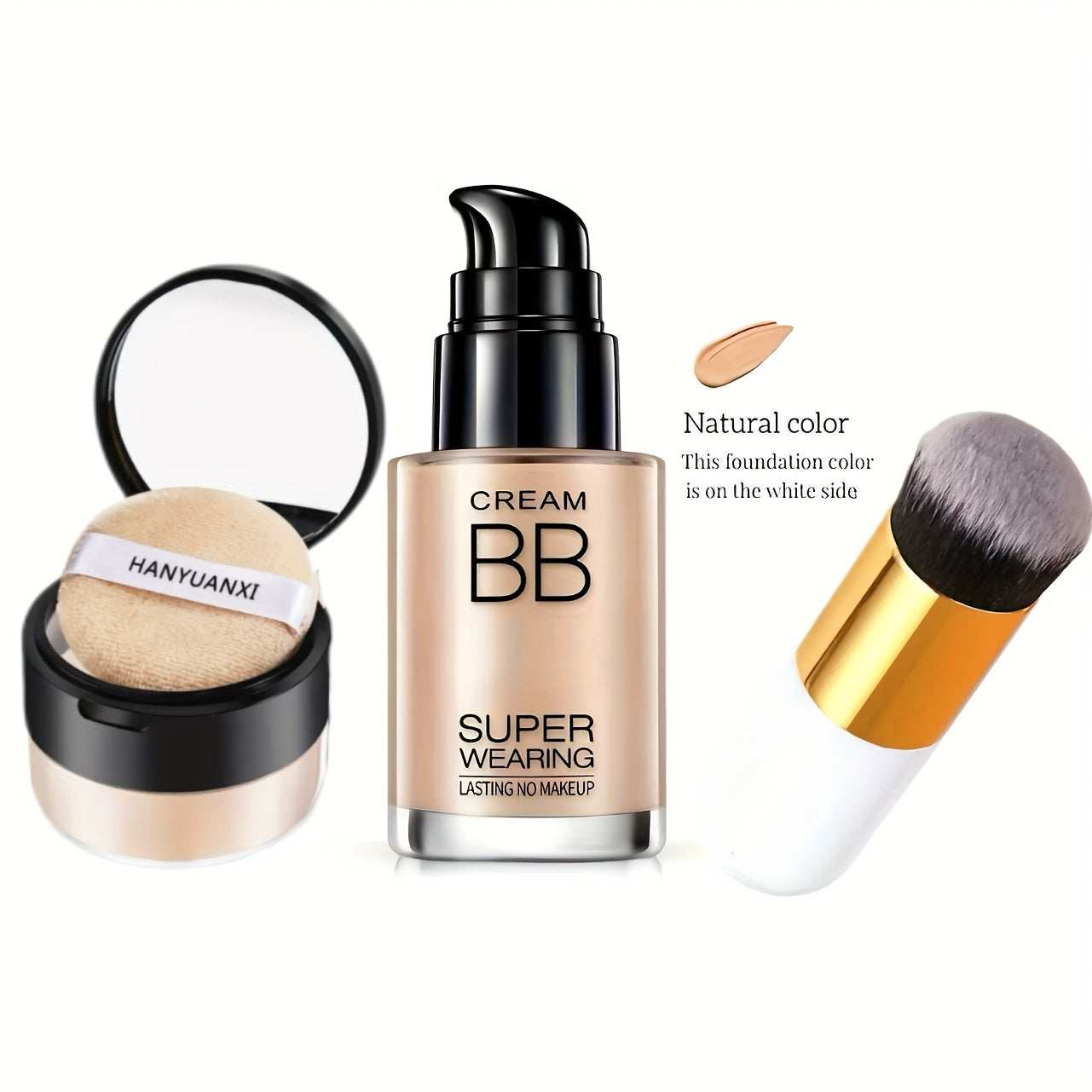 BB Cream Foundation and Setting Powder Set with Brush, Powder Puff and Three Source-Labeled Shades