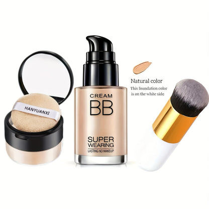 BB Cream Foundation and Setting Powder Set with Brush, Powder Puff and Three Source-Labeled Shades