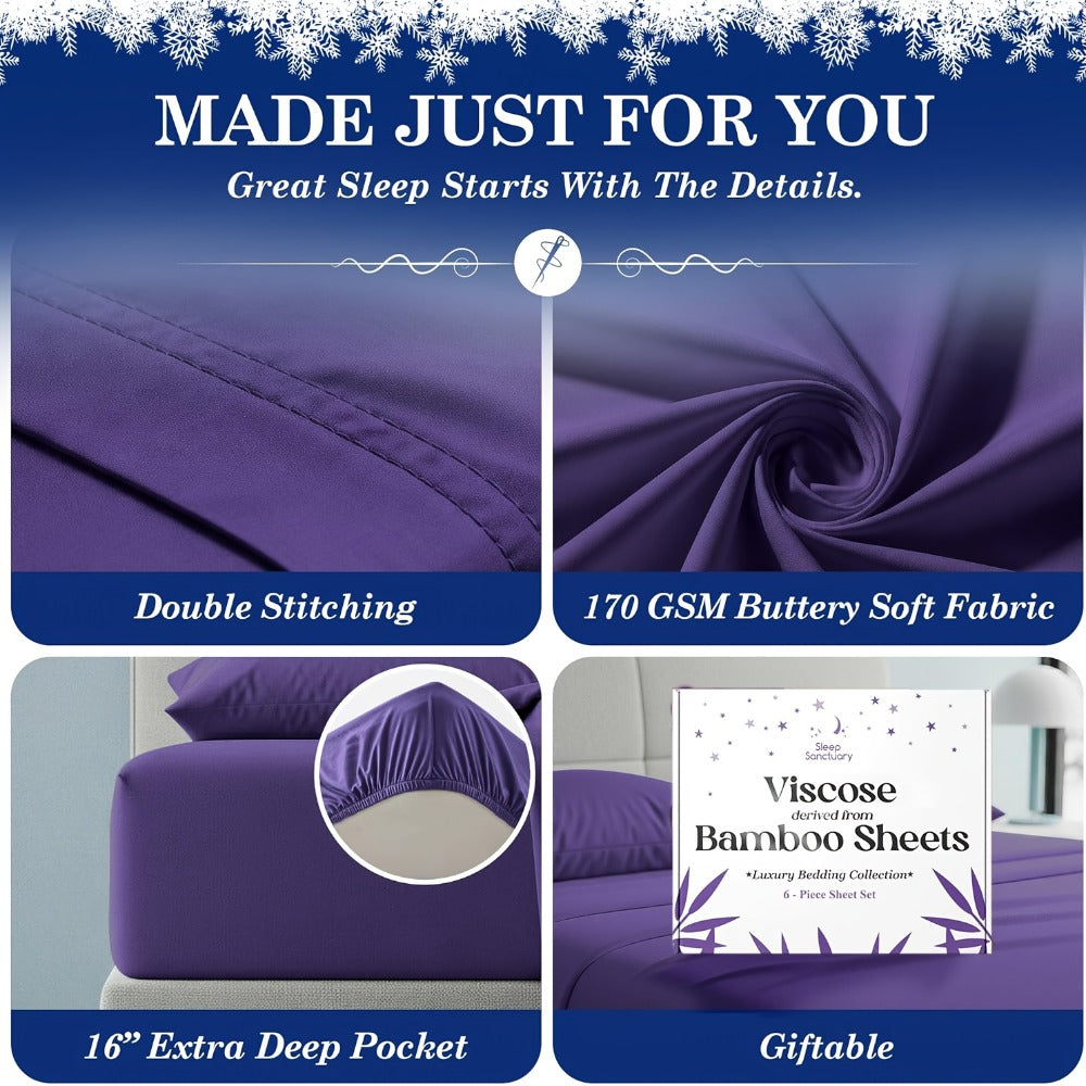 Bed Sheet Set Bamboo-Derived Fabric in 4- or 6-Piece Configuration with Extra-Deep Pocket and Fifteen Colors
