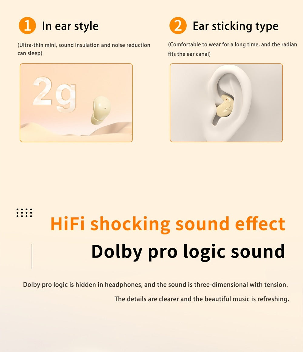 Invisible Sleep Wireless Earbuds 2 Pairs, Mini In-Ear Earphones HiFi Sound Noise Reduction Bass Touch Control Digital Display Long Battery Type-C, for Office Leisure Sport Sleep Men Women