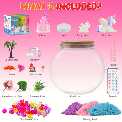 Unicorn Terrarium Craft Kit with Decorative Globe, Multicolor LED Light, Remote and Layered Sand Accessories