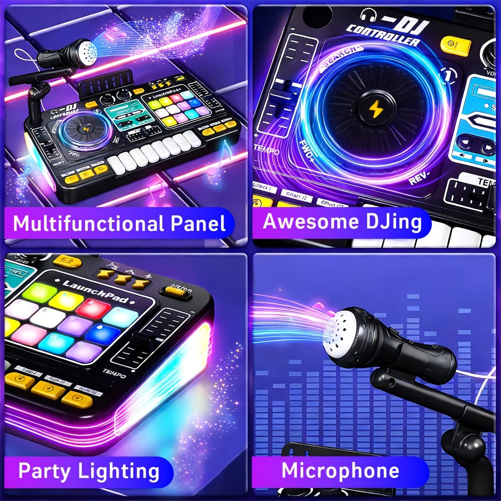 Kids DJ Mixer Toy Set with LED Lights, Microphone & Piano Keys, 100+ Sound Effects, Disco Mode, Rechargeable, Interactive Music Toy for Boys & Girls, Birthday Christmas Gift for Children Ages 3+, Black