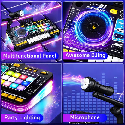 Kids DJ Mixer Toy Set with LED Lights, Microphone & Piano Keys, 100+ Sound Effects, Disco Mode, Rechargeable, Interactive Music Toy for Boys & Girls, Birthday Christmas Gift for Children Ages 3+, Black