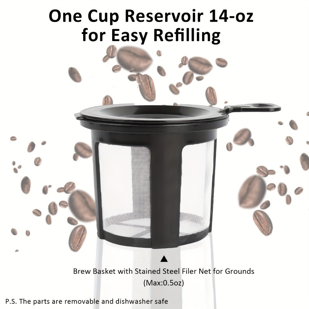 Single-Serve Coffee Maker for Pods or Grounds with 6-14oz Fill Labels, One-Button Control and Four Colors