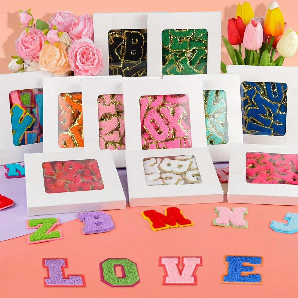Chenille Alphabet Letter Patch Set, 26 Self-Adhesive A-Z Appliques in Five Exact Checkout Colors