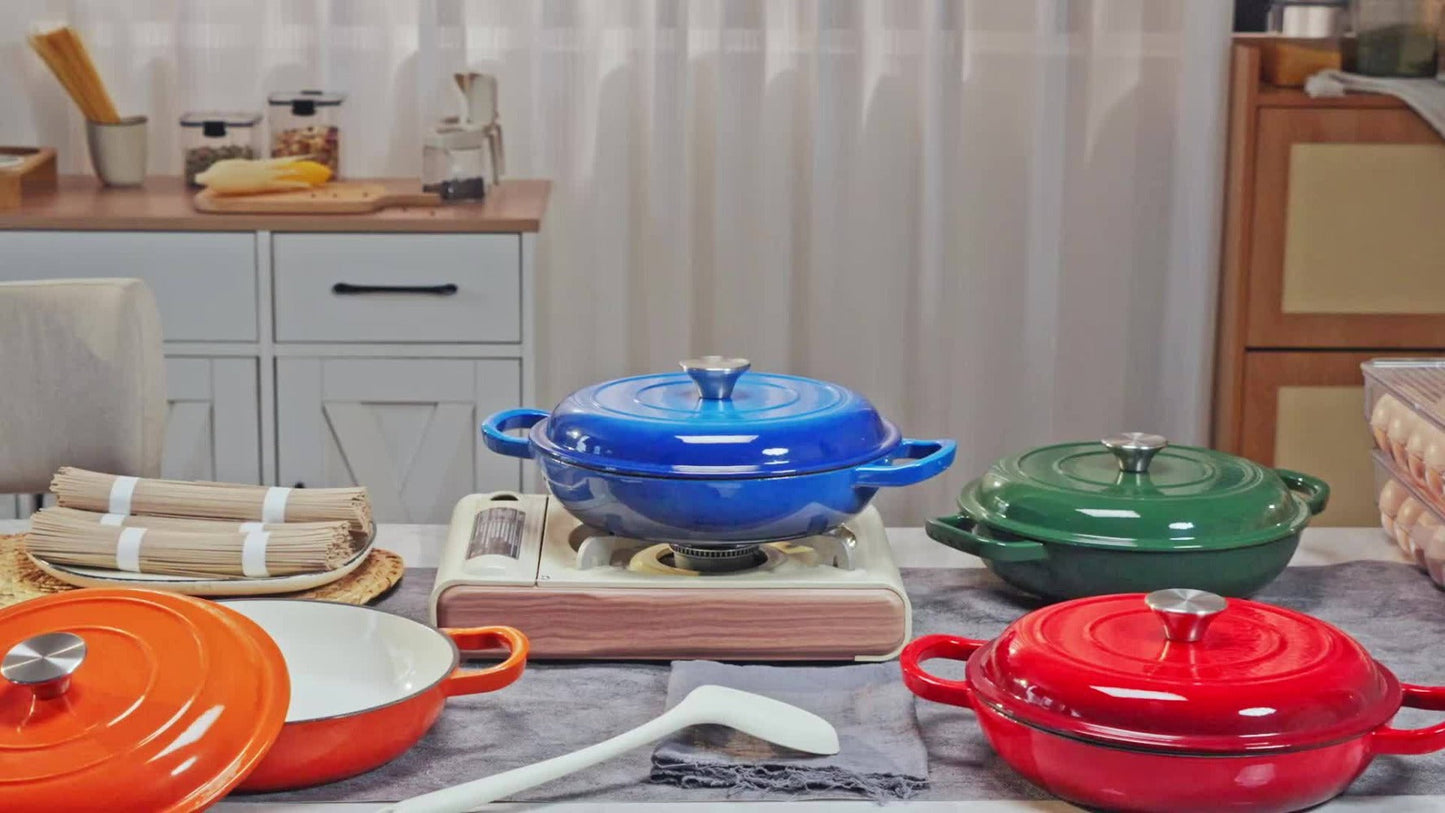 3QT Enameled Cast Iron Dutch Oven Braiser with Shallow Round Body, Fitted Lid and Three Colors