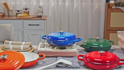 3QT Enameled Cast Iron Dutch Oven Braiser with Shallow Round Body, Fitted Lid and Three Colors