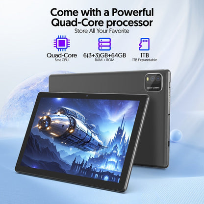 10 Inch 2-in-1 Android 14 Tablet with Keyboard Mouse Stylus – 6GB RAM 64GB ROM 1TB Expandable, WiFi 6, 6000mAh Battery, Quad-Core, Dual Camera, GMS Certified Tablet PC