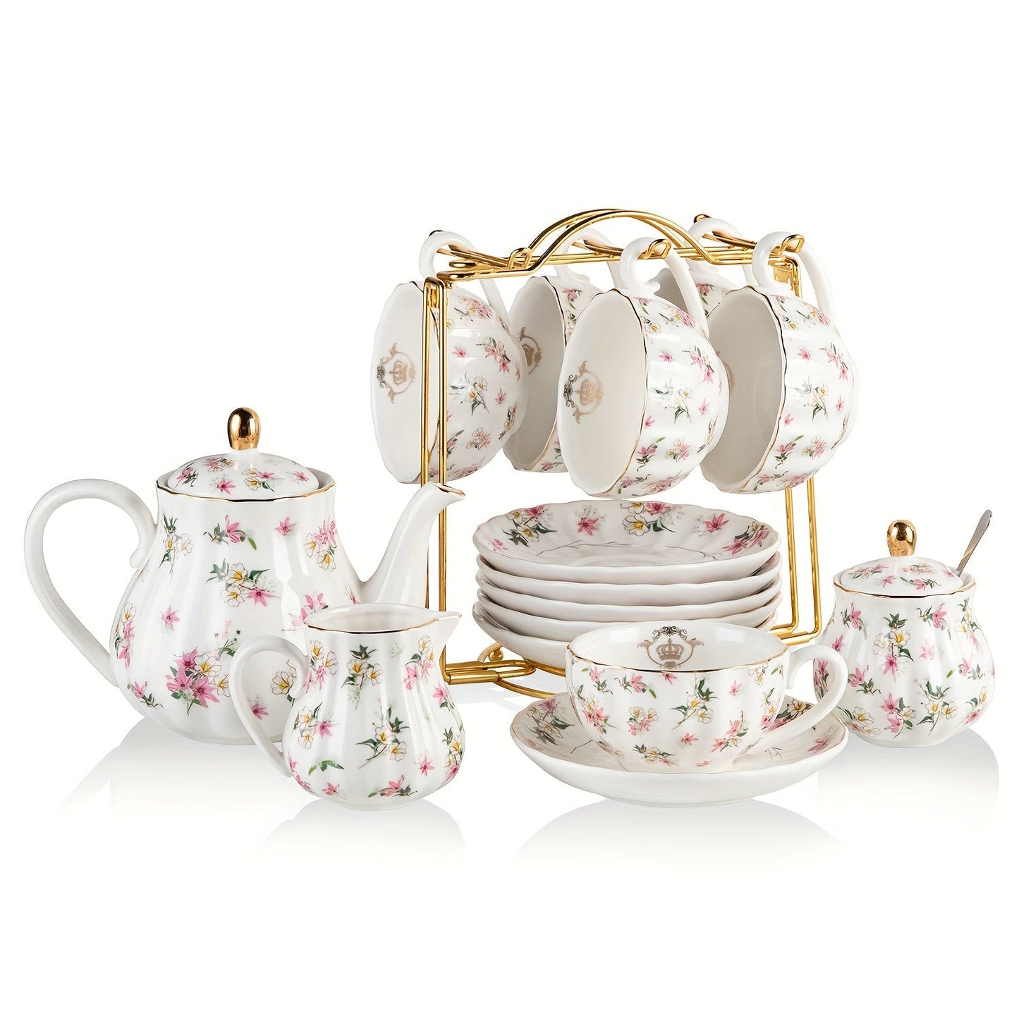 Floral Porcelain-Style Tea Service Set for Six in Five Coral, Peach, Rose, Peony or Spring Designs