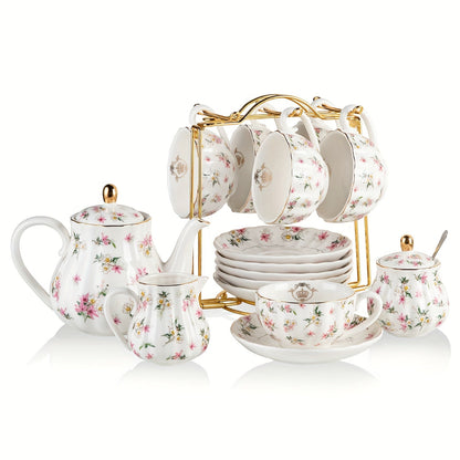 Floral Porcelain-Style Tea Service Set for Six in Five Coral, Peach, Rose, Peony or Spring Designs