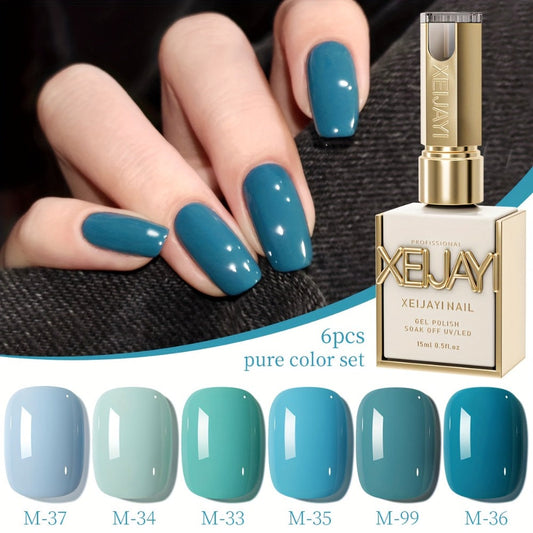 Blue Gel Nail Polish Set 6 Colors — Peacock Sky Sapphire Navy Light Deep Blue High Saturation UV LED Soak Off Alcohol Free Long Lasting Salon Quality Manicure Pedicure Nail Art Gift for Women