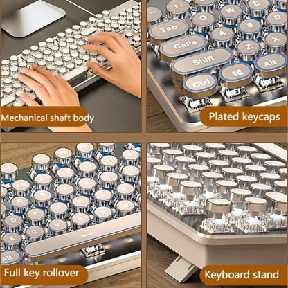 Mechanical Keyboard 104-Key Full-Size Wired USB Layout with Retro Round Keycaps, Backlighting and Control Knob