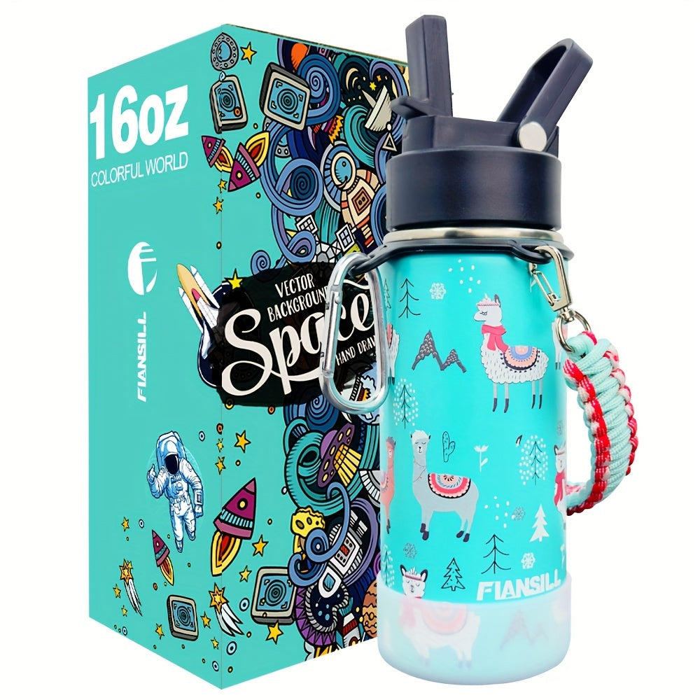 FIANSILL 16oz Stainless Steel Water Bottle with Flip-Up Straw Lid, Wrist Strap, Carabiner and Eight Prints