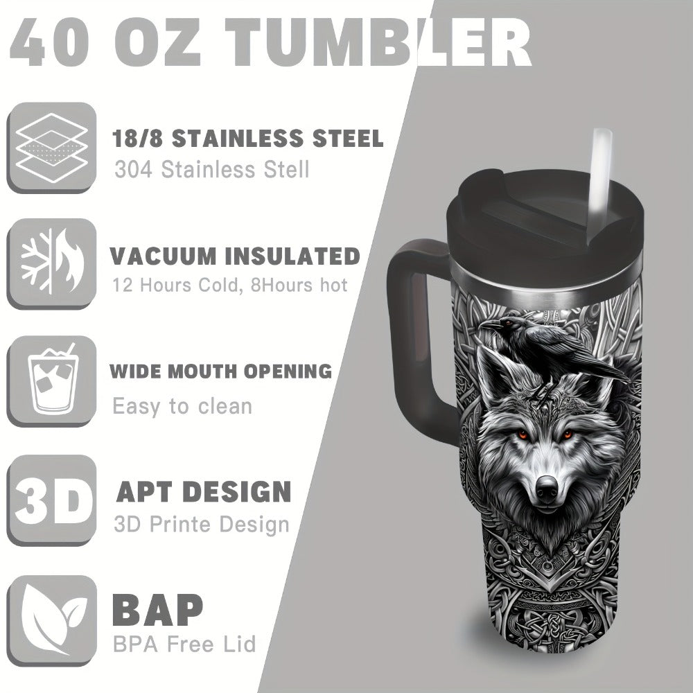 40oz Wolf-and-Raven Graphic Handled Tumbler with Black Lid, Straw and 10 x 26.8 cm Pictured Size