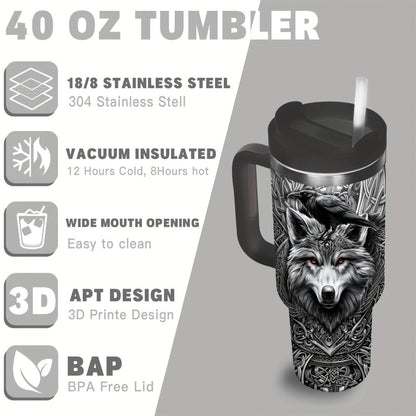 40oz Wolf-and-Raven Graphic Handled Tumbler with Black Lid, Straw and 10 x 26.8 cm Pictured Size
