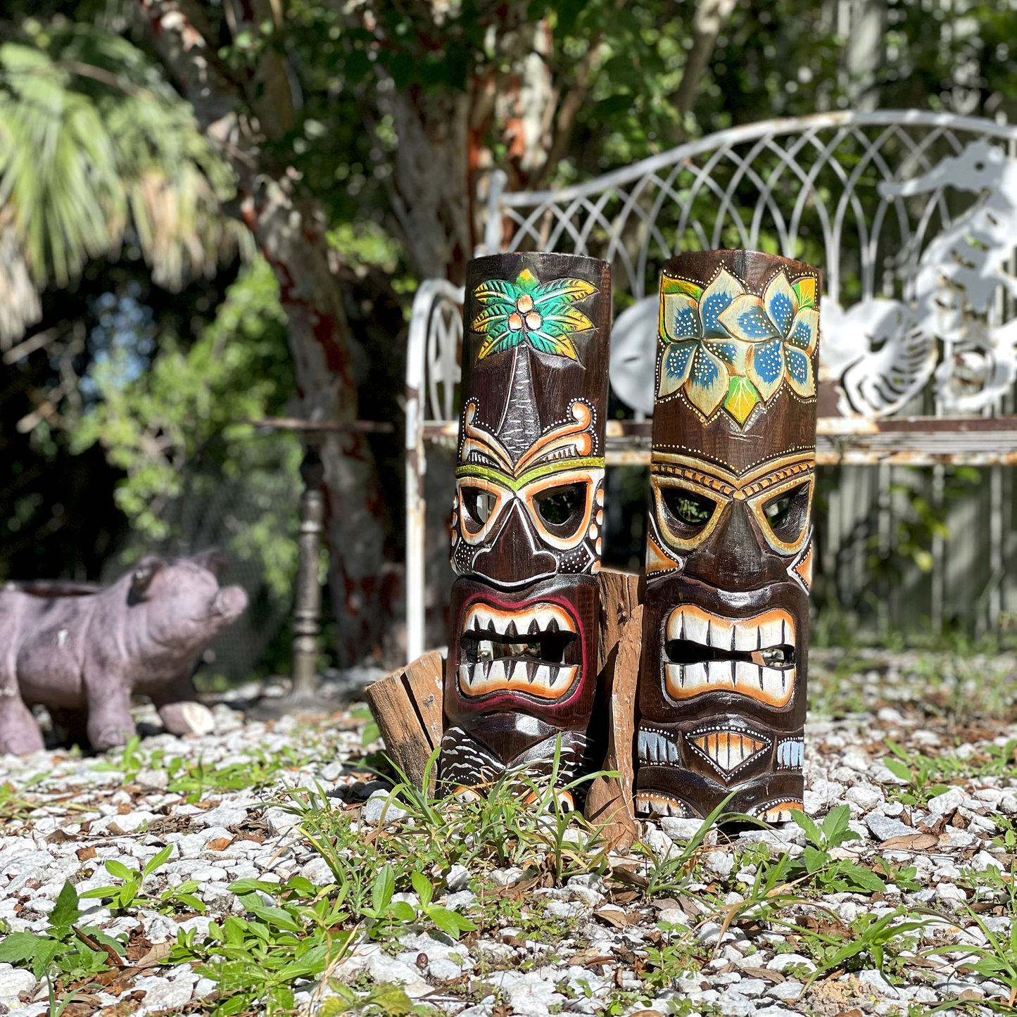 Two-Piece Multicolored Tropical Wall Mask Set with Pictured Palm and Flower Motifs and Carved-Look Details
