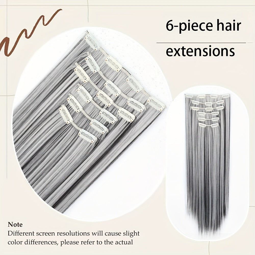 24-Inch Clip-In Hair Extension Set with Six Wefts and 16 Clips in Black or Mixed Color Options