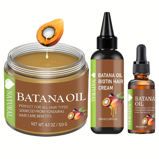 Honduran Batana Oil & Biotin 3-Piece Hair Care Set — Cold-Pressed Pure Extract, Nourishes Scalp, Strengthens Strands, Prevents Breakage & Split Ends, Adds Shine, All Hair Types, Unisex