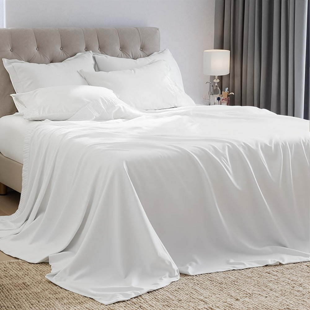 Sheet Set, Four-Piece Solid-Color Bedding with Deep-Pocket Fitted Sheet, Flat Sheet and Two Pillowcases