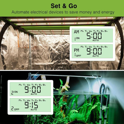 7-Day Heavy Duty Digital Programmable Timer with Dual Outlet - 24 Hour Indoor Electric Timer for Hydroponics, Lamp, Light, Fan, 120V 60Hz, Two Outlet Weekly Scheduling Timer Switch