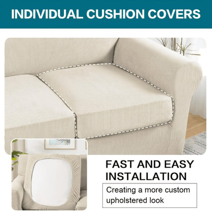 Sofa Cover Grid Jacquard Elastic Full-Cover Slipcover with Anti-Slip Fit for 1 to 3 Seats and XL Sofas